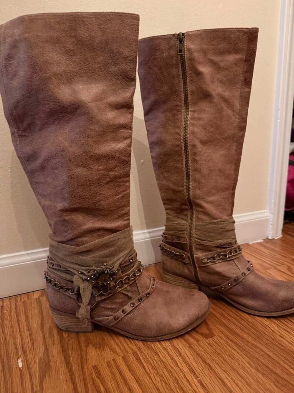 Not Rated Glitzy Trio Brown Knee High Slouchy Boots with Chains and Rhinestone B